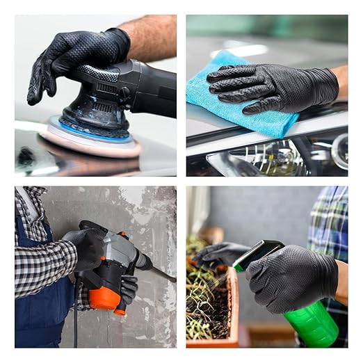 10mil Nitrile-Gloves Disposable-Black Chemical-Resistant Rubber - Mechanic Gloves Heavy Duty, Latex Free, Diamond Grip (200, Large)