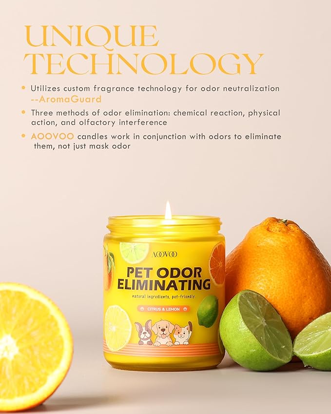 AOOVOO 4 Pack Lemon Citrus Pet Odor Eliminating Highly Fragranced Candle - Eliminates 95% of Pet, Smoke, Food, and Other Smells Quickly, Non Toxic Air Freshing Soy Candle