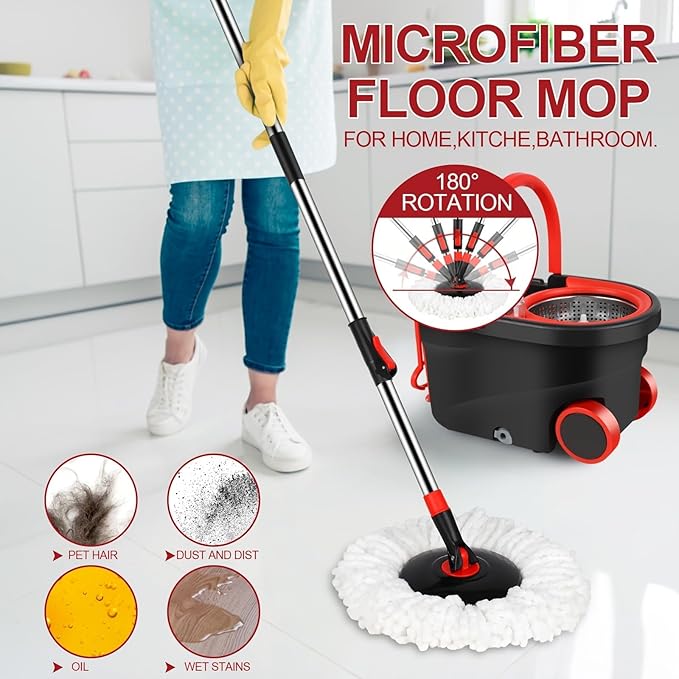 360° Spin Mop and Bucket System with Wringer - Includes 3 Microfiber Mop Refills & 50" Extended Handle for Floor Cleaning, Easy Squeeze, Efficient Home Cleaning Tool (Black) (Black Red)