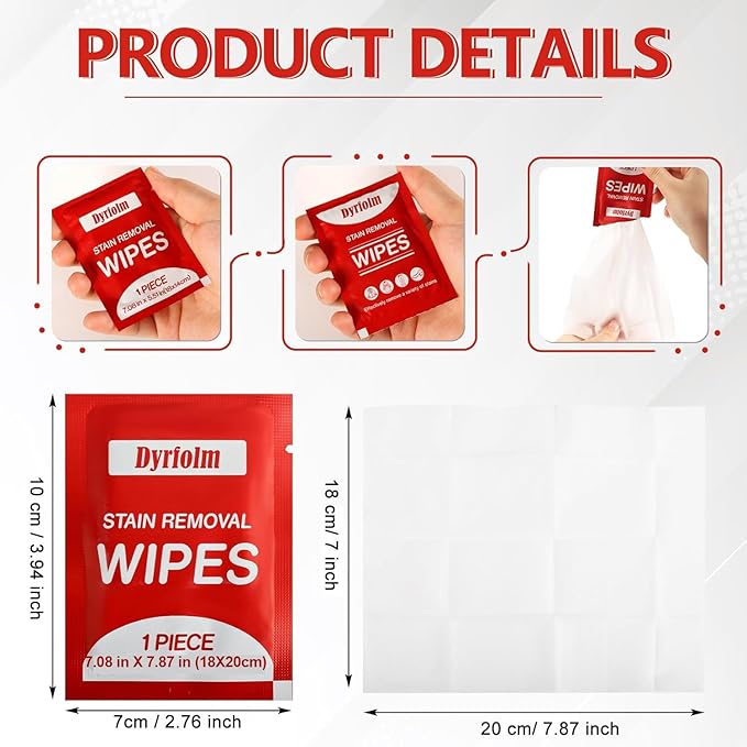 200 Pack Stain Remover Wipes,Individual Wrapped Wipes for Clothes,Mini Travel Stain Removal Wipe,Cleaning Wipesfor Clothes Fabric laundry Stain,Tablecloth,Car Seats Upholstery