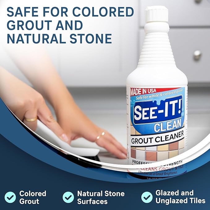 SEE-IT! Grout & Tile Deep Cleaner Brightener & Heavy-Duty Stain Remover Acid-Free Safe for Ceramic, Porcelain, Marble, Stone - 32 fl. oz. with Hand Cleaning Brush