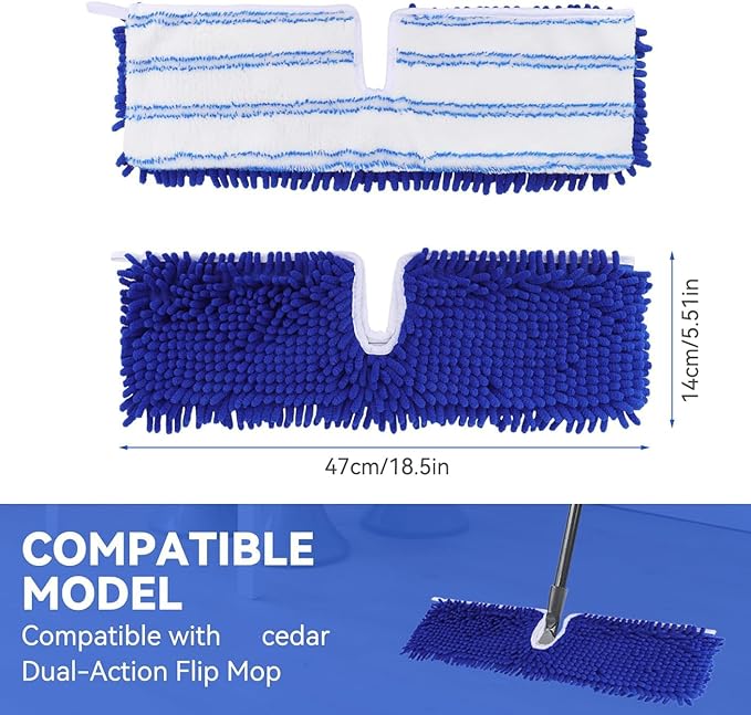 Mop Heads Replacements Compatible with Cedar Dual-Action Flip Mop - Chenille Double Sided Replace Pads for Dry/Wet Use - Washable Dust Mop Refills, 5 Chenille-Microfiber Double Sided pad