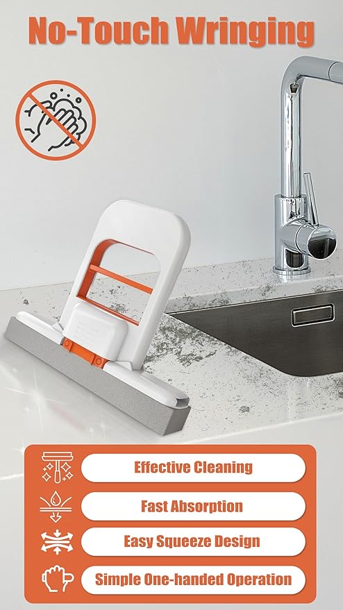 Self-Squeeze Mini Mop & Crevice Brush Set, Cleaning Tool for Small Spaces, Hard Bristle Brush for Tile Grout, Window Tracks, Kitchen, Bathroom & Car (Orange)