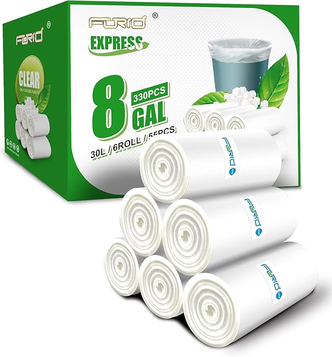 FORID Clear Trash Bags, 8 Gallon Garbage Bags, Wastebasket Bin Liners 330 Count Plastic Trash Bags for Bathroom Bedroom Office Garbage Can 30 Liters - Durable & Thick Trash Bag - Medium
