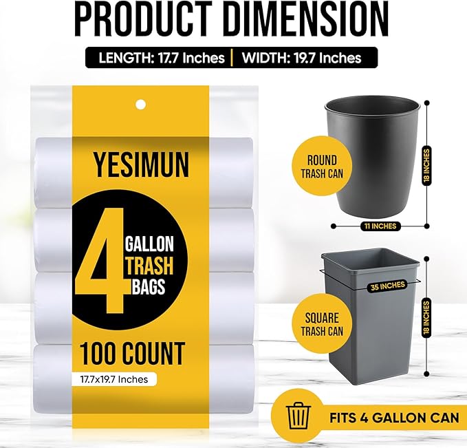 Small Trash Bags 4 Gallon - 100 Count 4 Gallon Trash Bag, White Small Garbage Bags, Unscented Bathroom Trash Bags Kitchen Office, Thickened & Strong 4 Gal Small Trash Can Liners