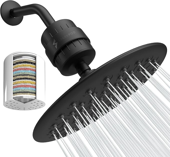 SparkPod Luxury Filtered Shower Head Set 23 Stage Shower Filter - Reduces Chlorine and Heavy Metals - High Pressure Showerhead Filter (9.5" Round, Midnight Black Matte)