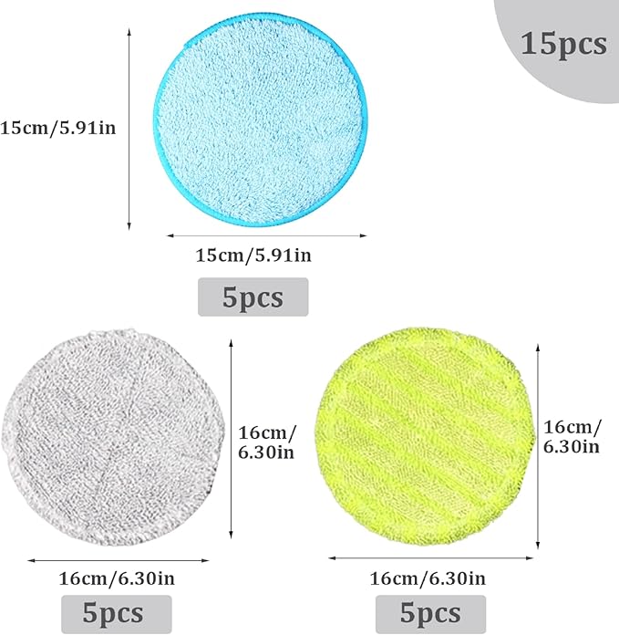 15PCS Reusable Water-Absorbent Spin Mop Pads, 5.9 & 6.3 Inch Round Microfiber Refill for Floor Cleaning
