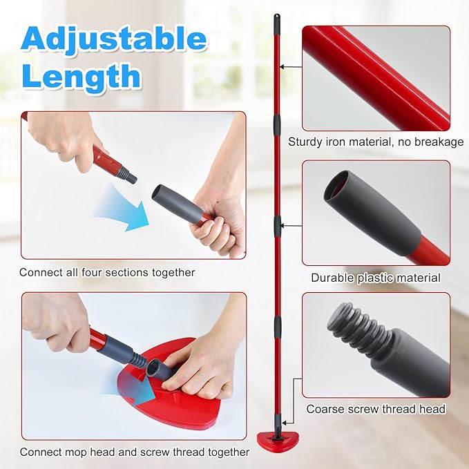 Mop Handle for Ocedar, Spin Mop Handle for O Cedar, 4-Section 30" to 58" Extendable Mop Handle Replacement for Ocedar, Mop Stick and Base for Ocedar Floor Cleaning, American Threaded Joint