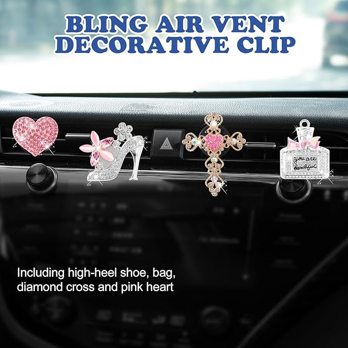4PCS Bling Air Vent Clips, Crystal Diamond Heart Cross High Heel Shoe Perfume Bottle Diffuser Vent Clip Cute Rhinestone Car Accessories Decoration for Women (Pink)