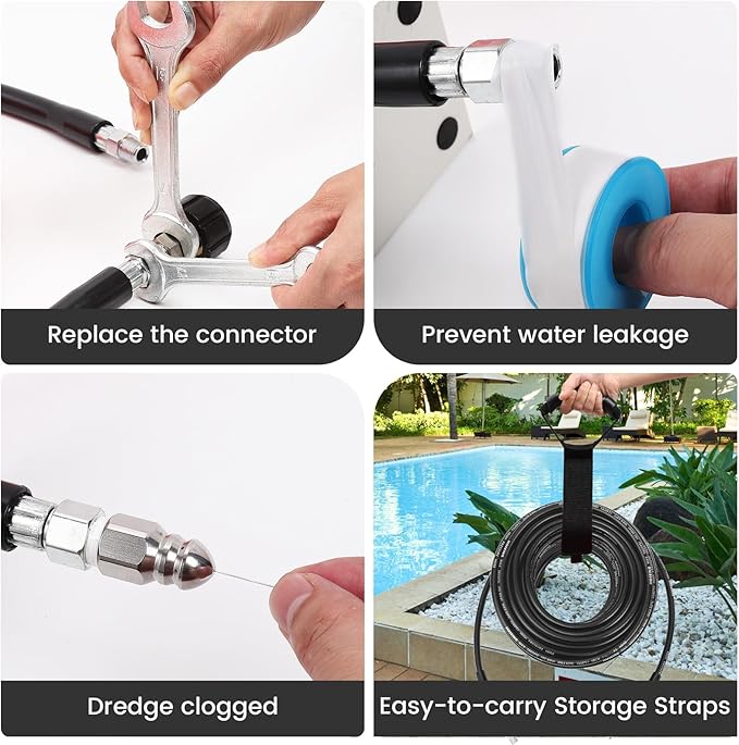 50FT Sewer Jetter Kit for Pressure Washer, 5800 PSI Water Jet Drain Cleaner Hose With Corner Rotating Button Nose Nozzle, 1/4 Inch NPT, Spanner Handle and Strap