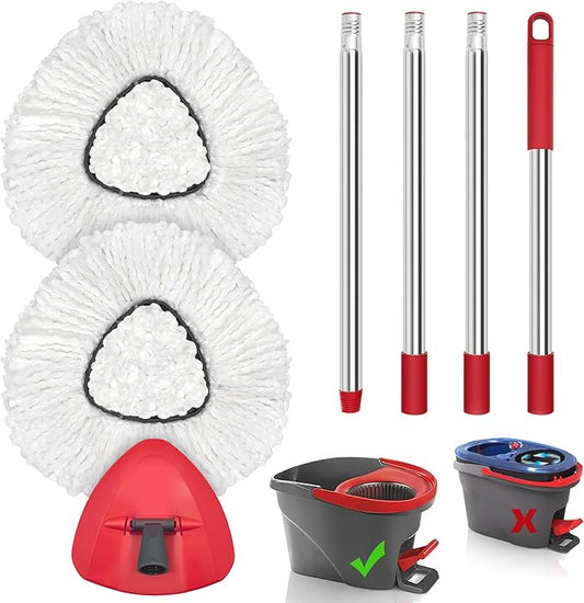 JEHONN Spin Mop Replacement Heads, Base, Handle for O-Cedar EasyWring 1 Tank System, Includes 2 Microfiber Refills, 1 Triangle Cover and 58 inches Long Pole for Cleaning Bathroom Kitchen Tile Floor