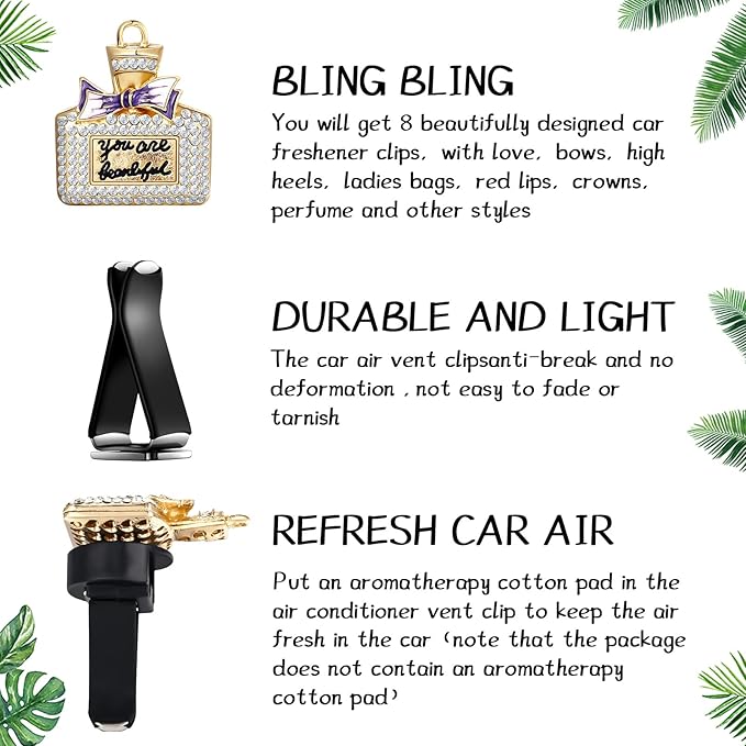 Frienda 8 Pcs Bling Car Air Vent Clips Crystal Rhinestone Air Conditioning Outlet Clip Cute Diamond Interior Car Accessories for Women (Classic Style)