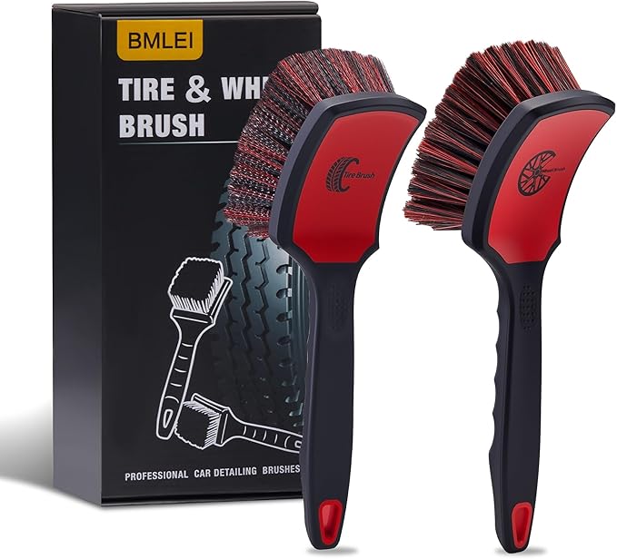 Wheel & Tire Brush Set, 2 Pack Car Wheel Brush & Tire Cleaner Brushes, Soft Bristle Rim Brush and Stiff Tire Scrub Brush, Scratch-Free Wheel Cleaning Kit for Car Detailing, Trucks, SUVs