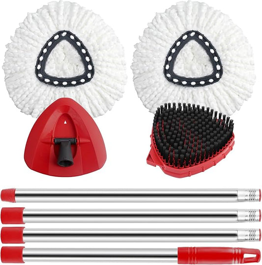 Spin Mop Replacement Mop Compatible with O Cedar 1 Tank System, 2 Microfiber Mop Heads Replacements, 58" Mop Replace Handle, 1 Scrub Brush Attachment and 1 Mop Base for Ocedar EasyWring Spin Mop