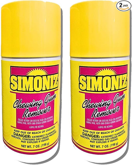 Simoniz Chewing Gum Remover Spray 7 Oz - 2 Pack - Targets Stubborn Residues & Adhesives on Carpet, Furniture, & More! Versatile for Cars, Candle Wax, Mats, & Shoes