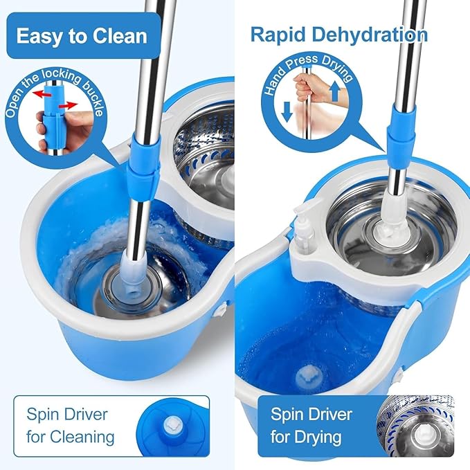 360° Spin Mop and Bucket System with Wringer - 61" Stainless Steel Handle & 3 Microfiber Refills, Self-Cleaning Floor Mop for Tile, Hardwood, Laminate Floors (Blue and White)