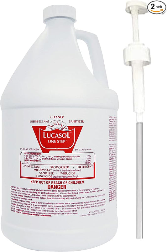 Lucasol One Step Disinfectant 1-Gallon with Attachable Pump Dispenser, All-Purpose Cleaner for Hospitals, Schools, Salons, Household Use and More