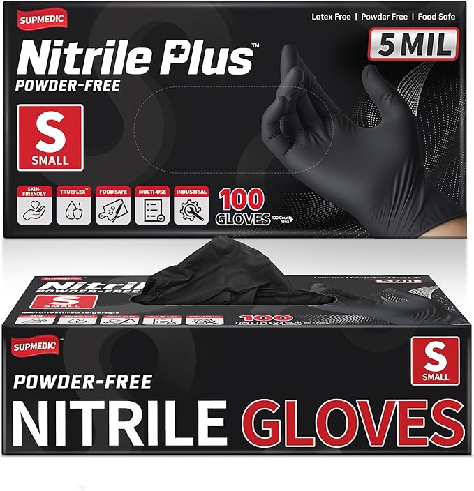Disposable Nitrile Gloves, 5Mil Chemical Resistant Powder-Free Latex-Free Glove Exam Cook Tattoo, Black Blue 100Pcs