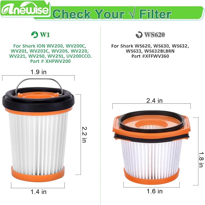8 Pack WV201 Fiter Replacement for Shark Wandvac Handheld Cordless Vacuum WV200, WV251, WV250, WV205, WV221, WV201, WV203, WV220, UV200CCO, Compare to Part # XHFWV200