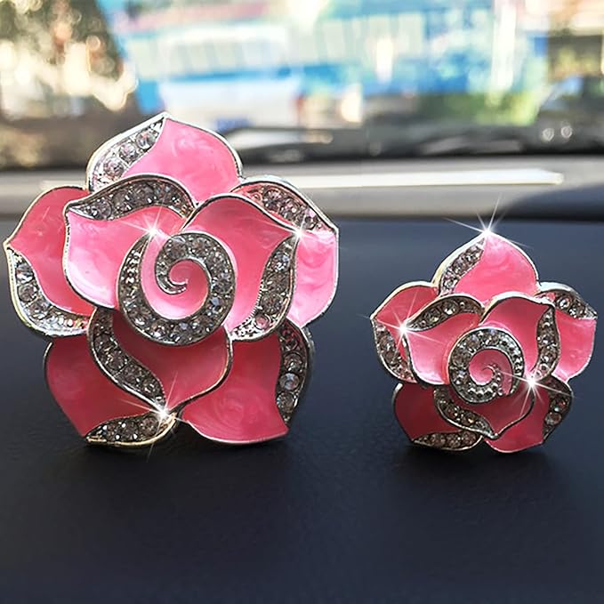 2 Pcs Camellia Air Vent Clips, Cute Flower Car Air Freshener Clip, Bling SUV Outlet Decorations, Crystal Rose Vent Diffuser, Charm Car Inter Decor Accessories for Women Girls