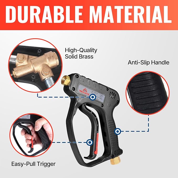 YAMATIC Short Pressure Washer Gun with Swivel, 5000 PSI Power Washer Wand Stubby Trigger Handle with 3/8" Plug & M22-14mm Male Inlet, 1/4" Quick Connect Outlet for Foam Cannon Car Wash
