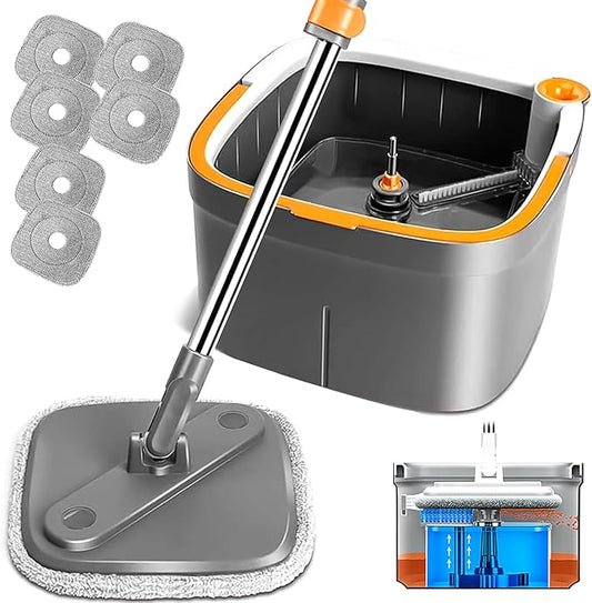 KZKR Spin M16 Square Mop and Bucket Set with Microfibra Replaceable Mop Pads, Dirty/Clean Water Separation System with Wringer, Self Rotating Mops Head for Home Floor Wood