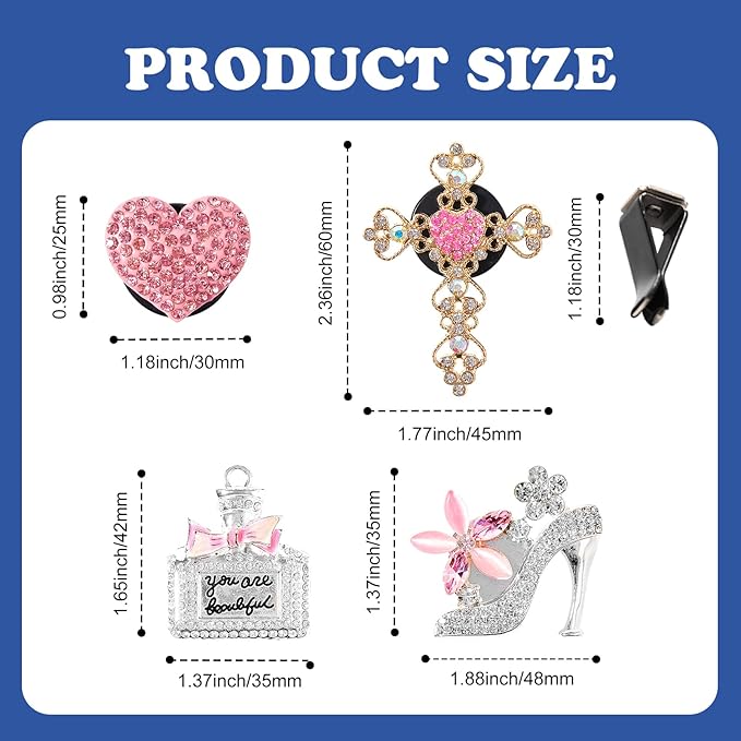 4PCS Bling Air Vent Clips, Crystal Diamond Heart Cross High Heel Shoe Perfume Bottle Diffuser Vent Clip Cute Rhinestone Car Accessories Decoration for Women (Pink)