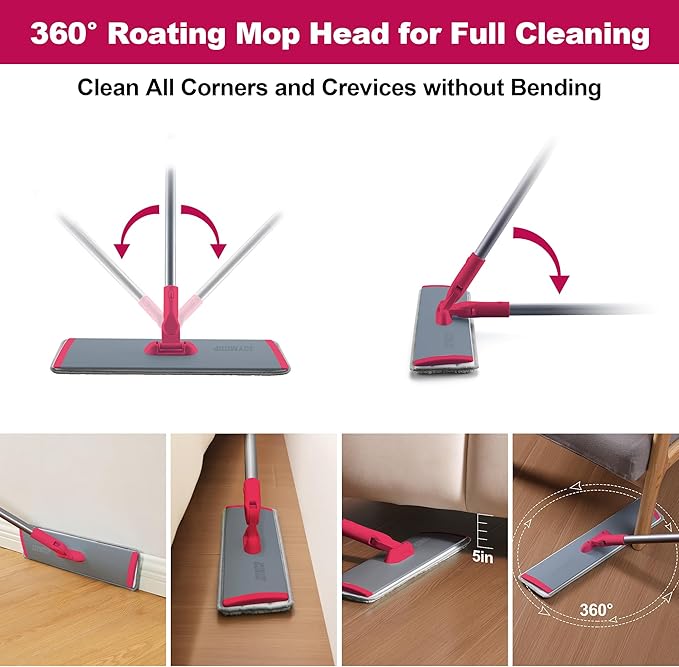 JOYMOOP 18 Inch Dust Mop for Hardwood Floors, Heavy Duty Industrial Wet Dry Mops with Telescopic Handle, Includes 3 Microfiber Mop Pads - Red-Grey