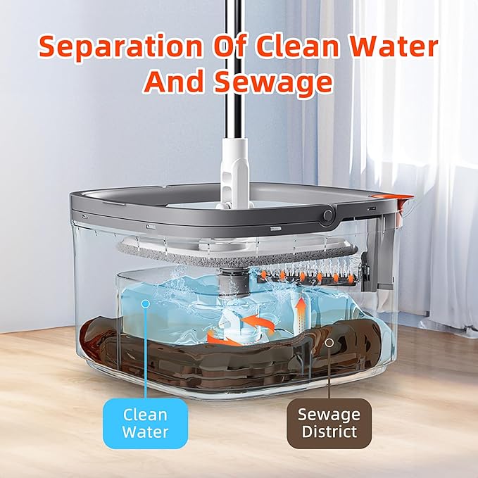 Spin Mop and Bucket Set with Self Separation Dirty and Clean Water System, Square Mop Bucket Self Wringing 360° Rotating Clean Floor Mop-Head for Hardwood Tile Marble Floors