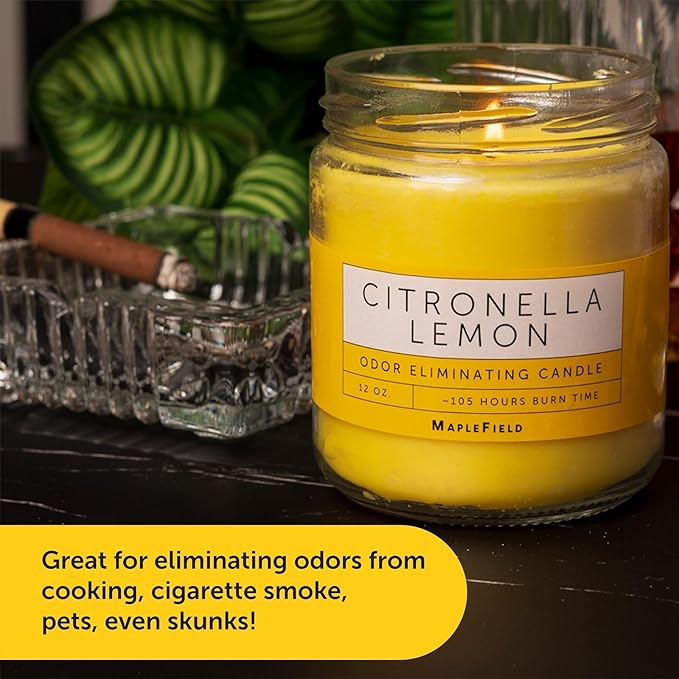 Maplefield Citronella Smoke Eliminator Scented Candle - Cooking & Kitchen Odor Neutralizer - Pet Odor Eliminator Home Freshener - Car Air Freshener & Room Deodorizer - 1 Oz, Yellow