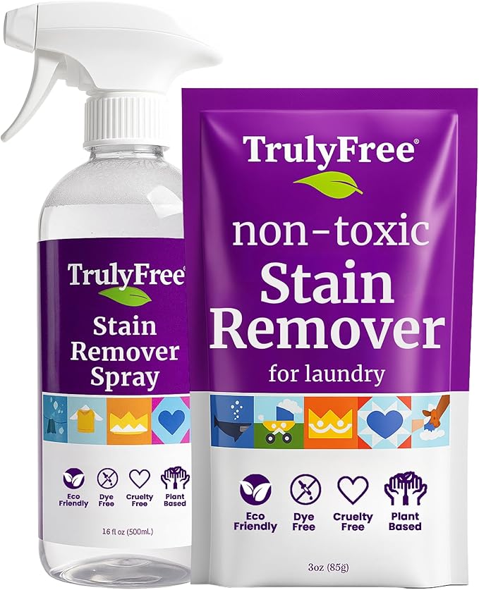 Truly Free Laundry Stain Remover Spray for Clothes - Removes Tough, Dried-In Stains on Whites & Colors -Natural Ingredients - Gentle Yet Powerful - Includes 3 oz Refill & Empty Refillable Bottle