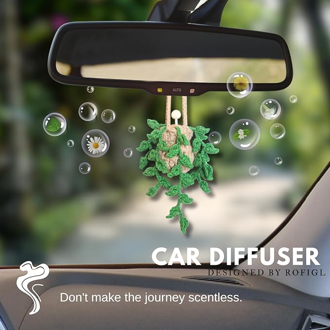 Handmade Crochet Hanging Car Air Freshener,12ml Empty Refillable Oil Diffuser Bottle with Crochet Hanging succulents Plant for Car Rearview Mirror for Home, and Office Hanging Diffuser Decor