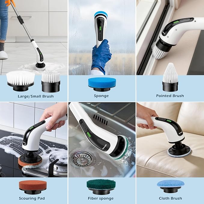 Electric Spin Scrubber, Cordless Cleaning Brush Scrubber for Home, 8 Replaceable Brush Heads-90Mins Work Time, 3 Adjustable Size, 2 Speeds for Bathroom Shower Bathtub Glass Car
