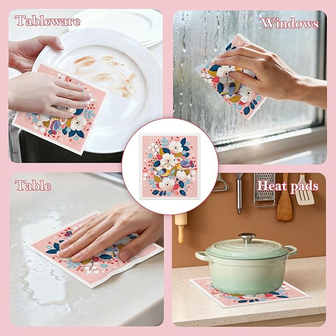 Mixed Retro Bird Swedish Kitchen Dishcloths Dish Towels 6 Pack, Bird Dish Towels for Kitchen, Swedish Dishcloth with Flower, Paper Towels Reusable, Dish Cloth Towel Cleaning Wipe for Home Party