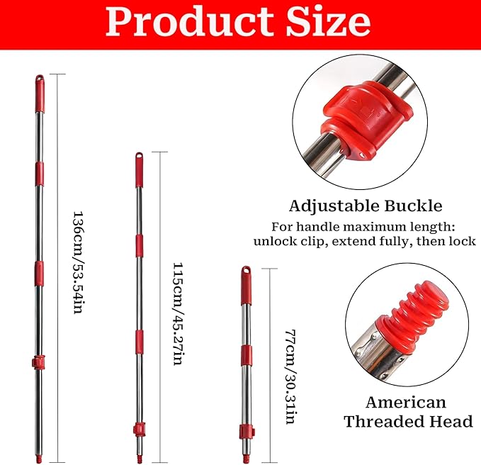 Spin Mop Handle Replacement for Ocedar, Heavy Duty Hand Press Mop Stick Replacement Parts for O Cedar Easywring/Rinseclean/H2pro, 3 Section 30" to 53" Telescopic Pole, Mop Head and Base Excluded