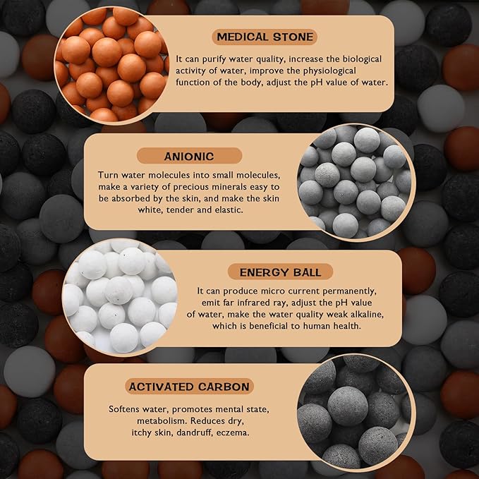 Patelai Replacement Anion Mineral Shower Head Bead Refills Purifying Water Mineral Bead Filtration Stone Ball for Filtered Shower Head, Diameter 7-8 mm(280.0 Grams,Orange, Gray, White, Black)