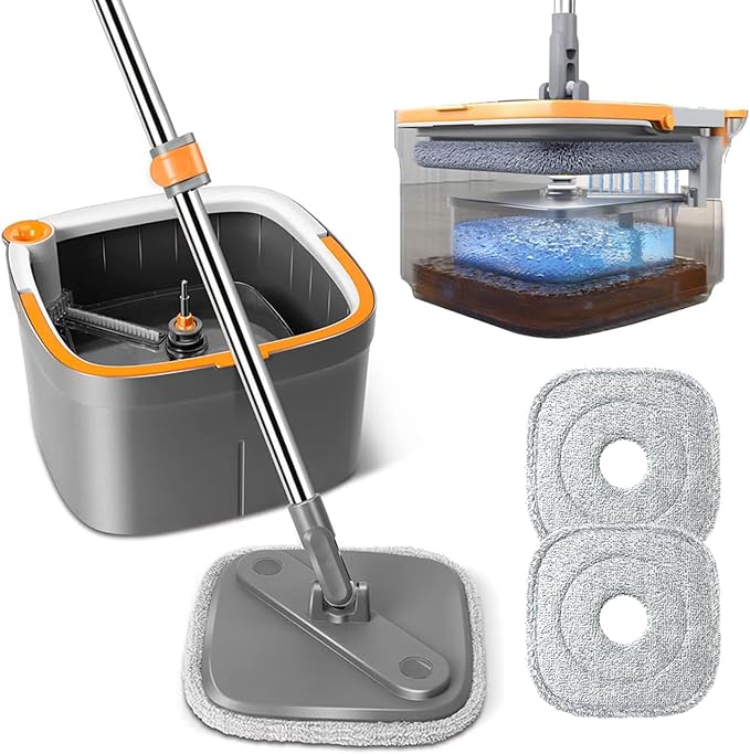 Spin Mop and Bucket Set with Self Separation Dirty and Clean Water System, Square Mop Bucket Self Wringing 360° Rotating Clean Floor Mop-Head for Hardwood Tile Marble Floors