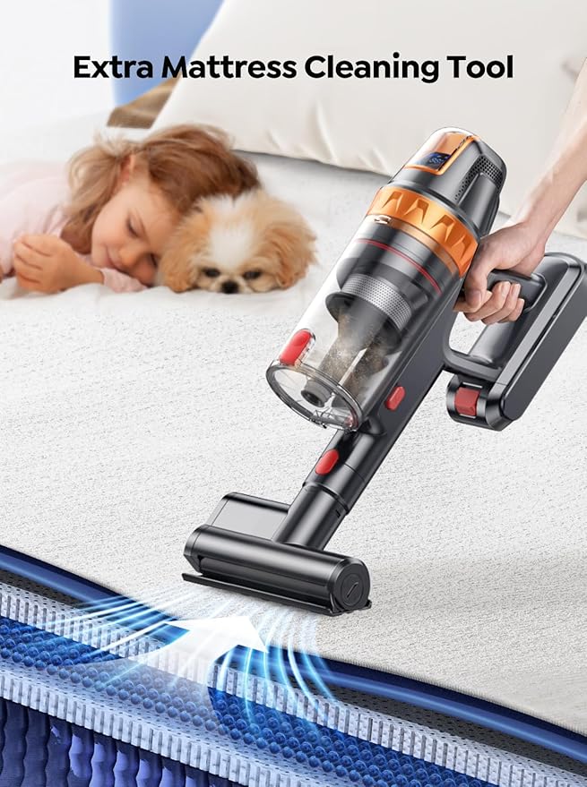 Cordless Vacuum Cleaner, 650W with Extra Mattress Cleaning Tool, 55KPA Stick Vacuum Cleaners for Home 70 Mins Runtime, Self-Standing, Wall Mount Charging, Rechargeable Vacuum for Floor Carpet Pet Hair