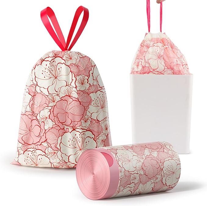Trash bags, 4 Gallon Trash Bags Drawstring, Colorful & Portable Small Trash Bags with Plum Blossom Printed, Tear-Resistant Garbage Bags 4 Gallon for Bathroom Office Trash Cans, 80 Count
