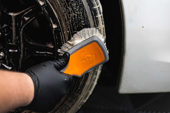 Detail Factory - ProGrip Tire Brush - Ergonomic ProGrip Handle, Stiff Synthetic Bristles, Ergonomic Design, Efficient Tire Brushes for Cleaning Tires - Solar Flare
