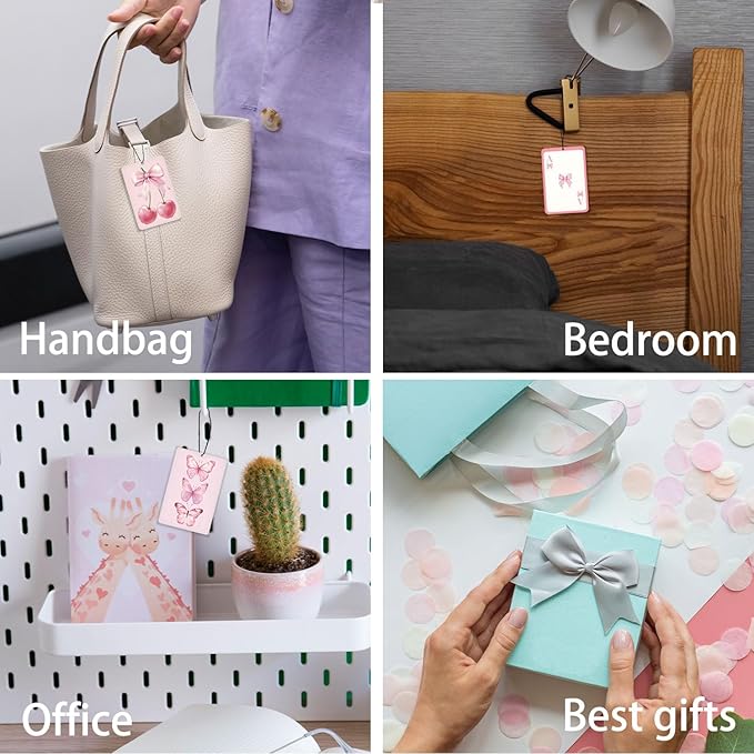 Coquette Preppy Pink Lavender Car Air Freshener 4 Pcs, Girly Bow Poker Cherry Butterfly Air Freshener Hanging Decor for Cars Closet Drawer Books, Cute Areadeodorizer Gifts for Women Girls