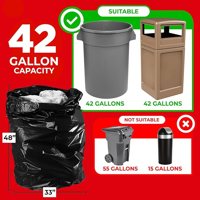 ToughBag 42 Gallon Trash Bags, 2.5 Mil Contractor Garbage Bags (50 COUNT) Heavy Duty Black Garbage Can Liners, 33 x 48" - Construction, Lawn, Industrial, Leaf - Made in USA
