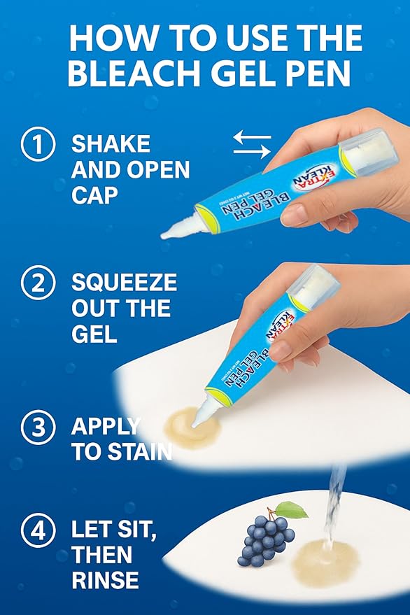 Bleach Gel Pen – Double-Ended Stain Remover Pen for Clothing, Instant Spot Cleaner for Clothes, Travel Size Bleach Pen for Whites & Laundry (2 Pack)