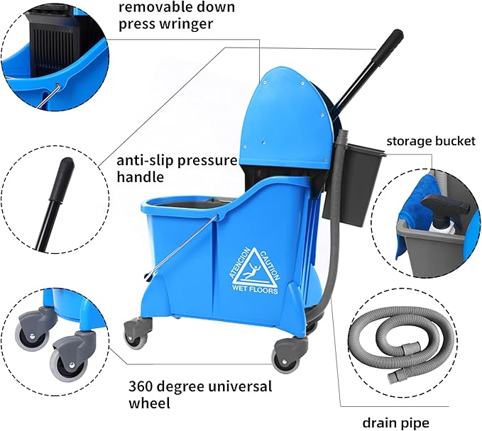 Mop Bucket with Wringer, Mop Bucket Separate Dirty Water for Floor Cleaning with Drain Pipe &Storage Bucket, Blue
