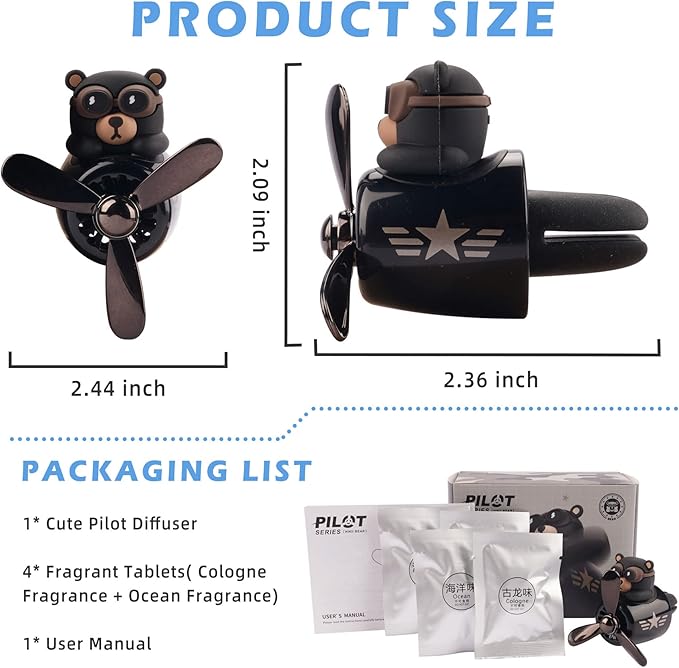 Car Air Freshener Cute Cartoon Bear Pilot Car Diffuser Rotating Propeller Automotive Air Outlet Fan Creative Car Perfume Decoration Cool Car Accessories Comes with 4 Fragrant Tablets
