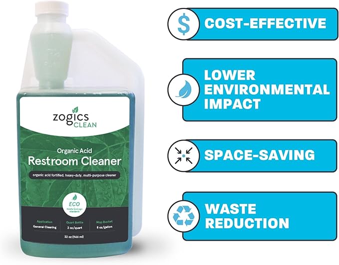 Zogics Organic Acid Restroom Cleaner, 32 oz Bottle Makes up to 16 Quarts - Meets ECOLOGO Standards