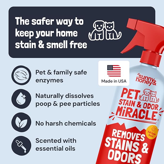 Sunny & Honey Pet Stain and Odor Remover - Enzyme Cleaner for Dog Urine and Poop on Carpets and Furniture - Strong Pet Carpet Cleaner Spray (32fl oz Fall Spice)