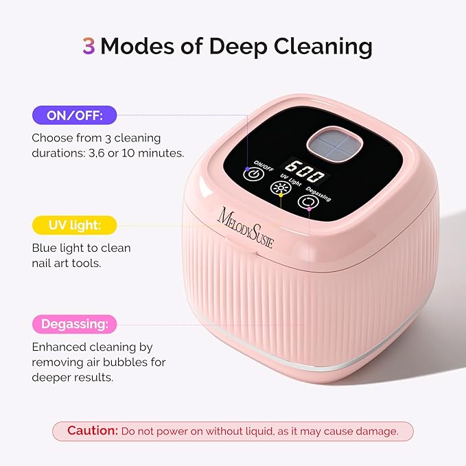 MelodySusie 2 in 1 Nail Tool Cleaning Machine, 3 Timers Mode for Nail Drill Bits, Nail Art Brush, Nail Clipper, Jewelry Cleaning, Salon & Home Use, Pink,DL-160