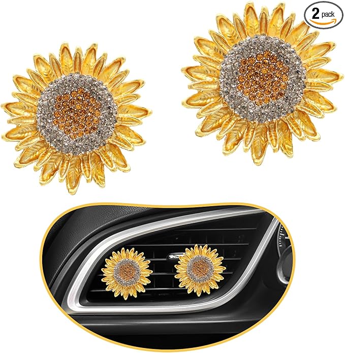Sunflower Car Decor,2pcs Sun Flowe Car Air Freshener Air Vent Clips,Women Interior Dashbaord Decorations Aesthetic,Bling Yellow Flowers Vent Clips