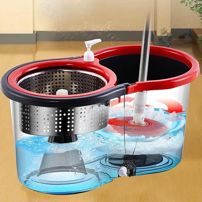 Spin Mop Bucket System, 360 Spin Mop & Bucket Floor Cleaning Stainless Steel Mop Bucket with 61" Extended Handle for Living Room, Bedroom, Kitchen, Office Black